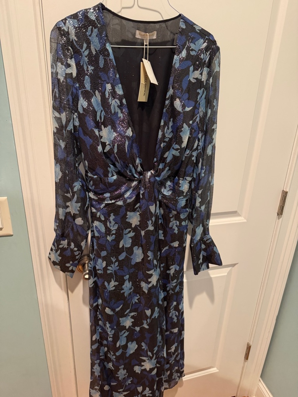 Ramy Brook Blue Floral Twist-Front Long Sleeve Dress